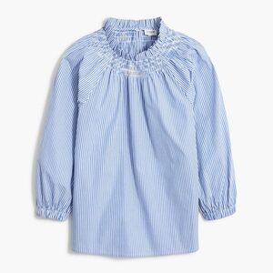 J.CREW Top Women Blue Stripe Smocked Neck Blouse Long Sleeve Sz S Smudge/Hole